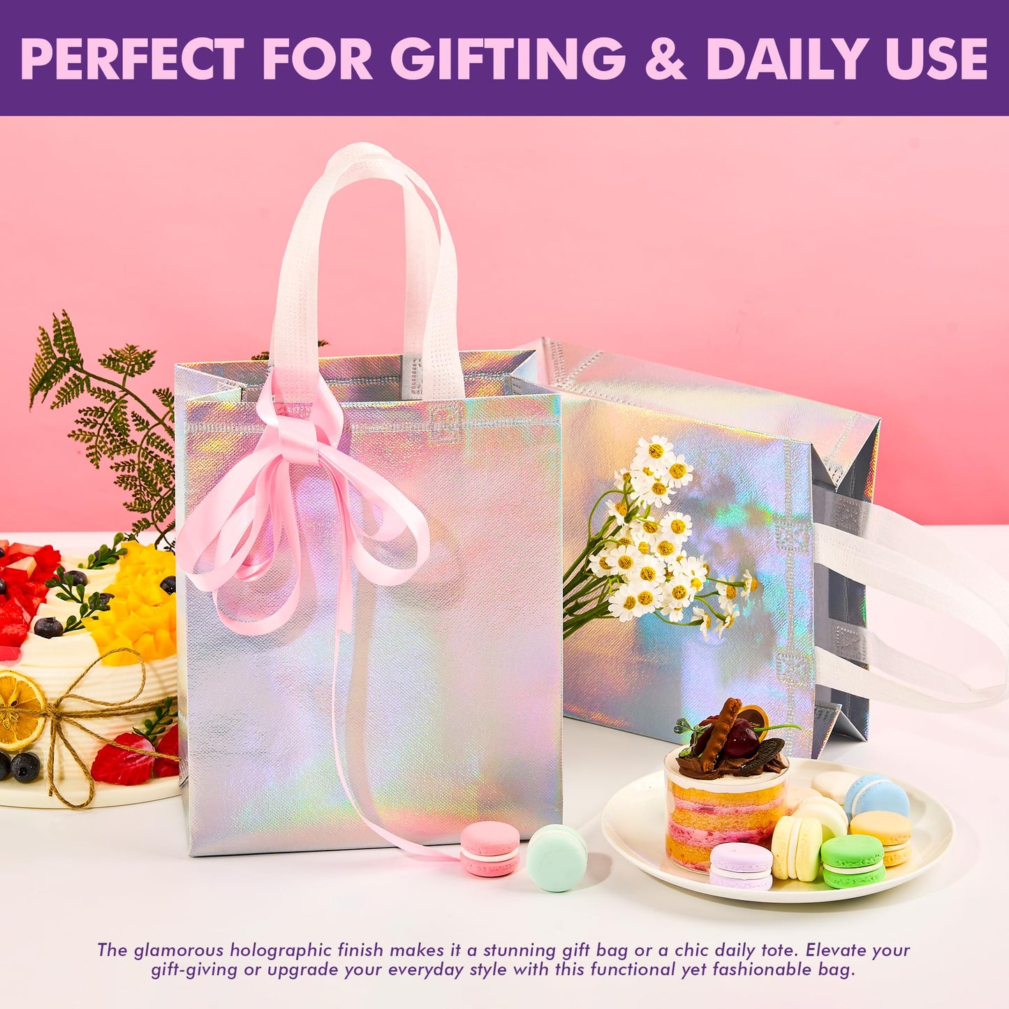 PACKINNO 15 Pcs Iridescent Gift Bags with Handles, 8x4x10 Inch Holographic Reusable Gift Bags Medium Size, Ideal for Birthday, Christmas, Party Favors, Wedding, Holidays, Valentines