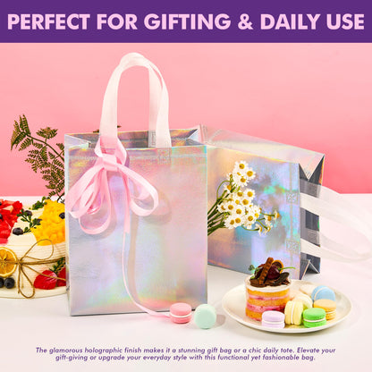 PACKINNO 15 Pcs Iridescent Gift Bags with Handles, 8x4x10 Inch Holographic Reusable Gift Bags Medium Size, Ideal for Birthday, Christmas, Party Favors, Wedding, Holidays, Valentines