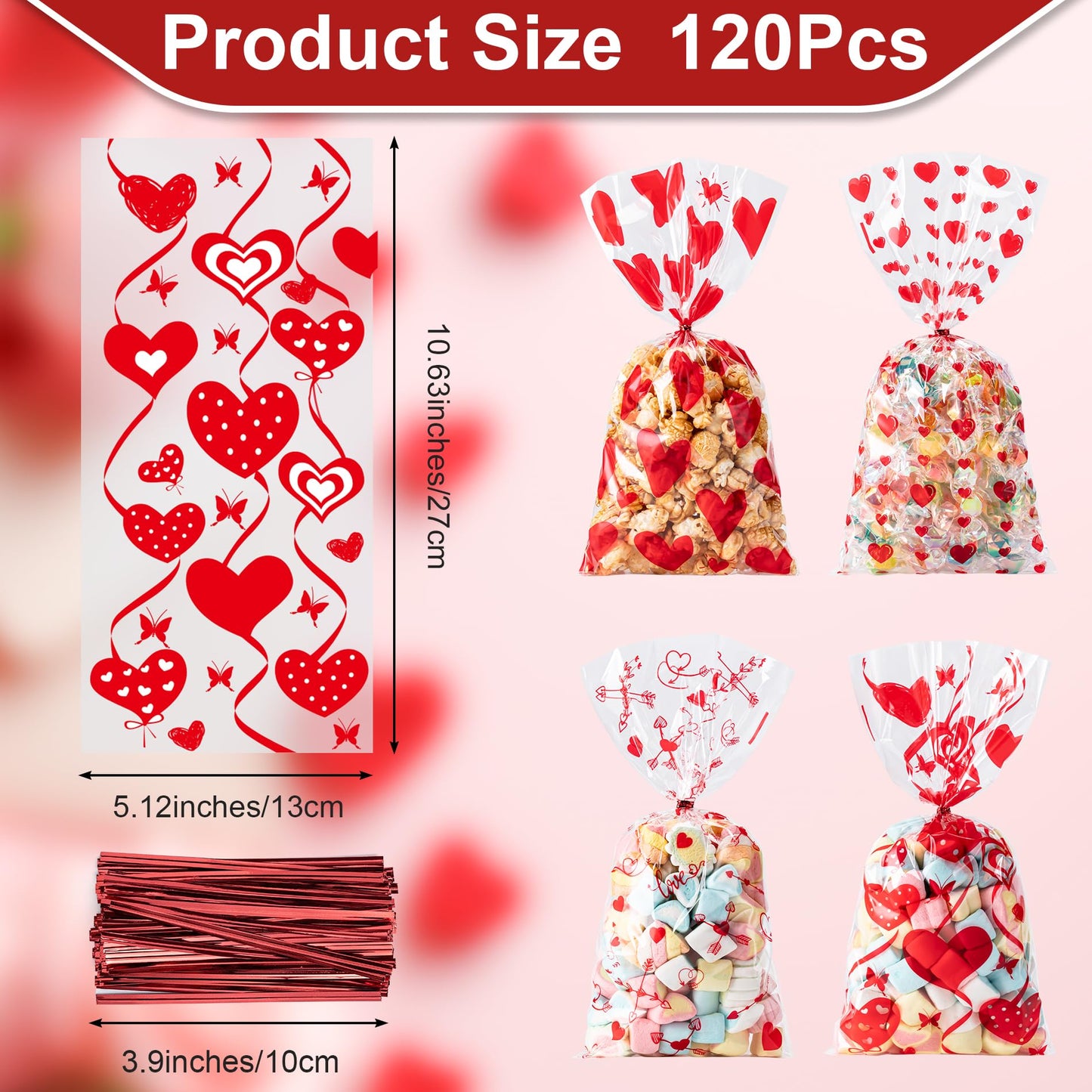 Aegero Valentines Cellophane Bags 120pcs Valentines Candy Bags with 140pcs Twists for Valentine's Candy Cookie Goodie Snack Bag for Valentines Day Wedding Party Favor Supplies,Classroom Parties Valentine02-Red Heart