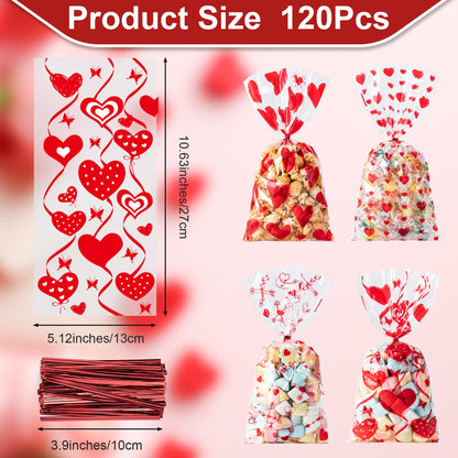 Aegero Valentines Cellophane Bags 120pcs Valentines Candy Bags with 140pcs Twists for Valentine's Candy Cookie Goodie Snack Bag for Valentines Day Wedding Party Favor Supplies,Classroom Parties Valentine02-Red Heart