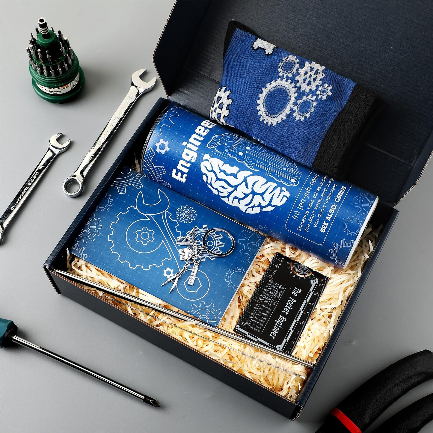 Geiserailie 6 Pcs Graduation Engineer Gifts Set for Men Include Tumbler Cup, Engineering Ruler, Socks, Keychain, Greeting Card, Gift Box for Mechanical Engineering Student Retirement Graduation