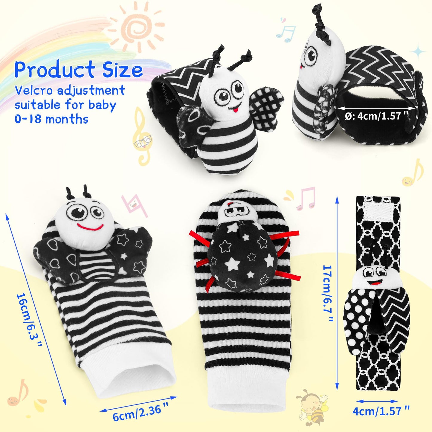 Baby Toys 0-6 Months - High Contrast Wrist Rattle Foot Finder Socks Set for 3 Month Baby Toys Infants, Soft Plush Sensory Rattles for Newborn Boys Girls Essentials Shower Gifts