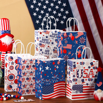 Glenmal 24 Pcs 4th of July Gift Bags with Handle Patriotic Red Blue White Gift American Flag Paper Candy Treat Goodie Bags for Wrapping Memorial Day Independence Day Party Favor