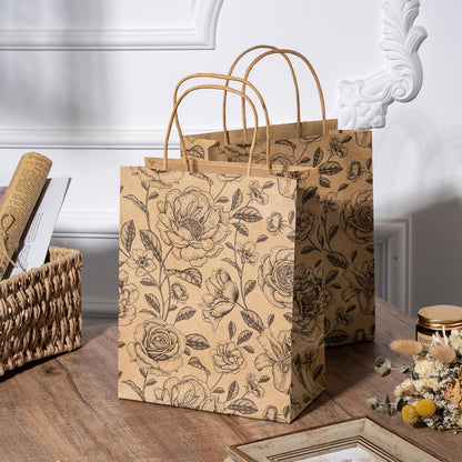 WRAPAHOLIC Medium Floral Kraft Paper Gift Bags - Black Florals Design for Birthday, Baby Shower, Holiday, Party Gift Wrap (Pack of 12)