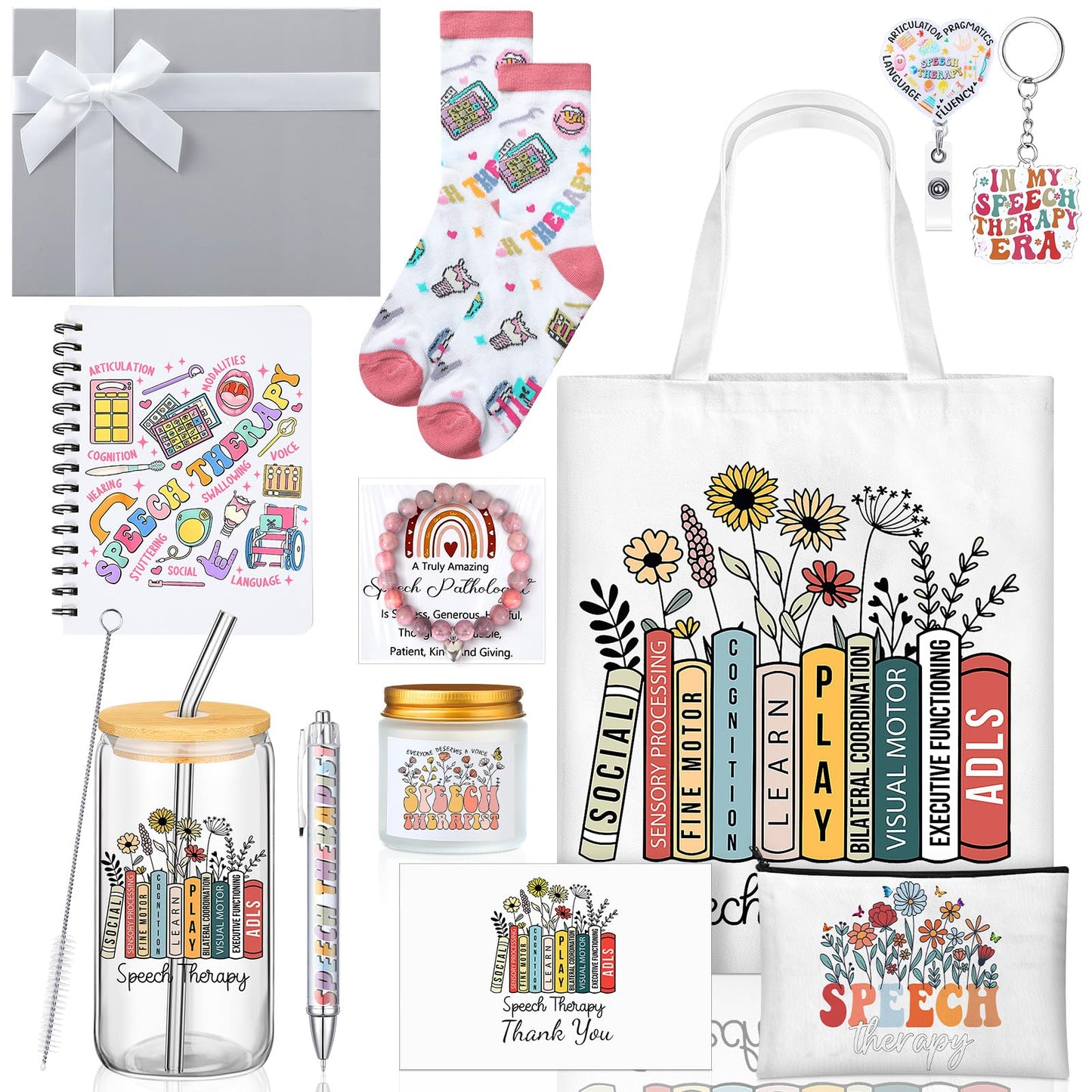 Remerry 12 Pcs Speech Language Pathologist Gifts for Women SLP Appreciation Gifts Set Includes Tote Bag Cosmetic Bag Glass Cup Candle Notebook Bracelet Badge Holder for Graduation Teacher Coworker