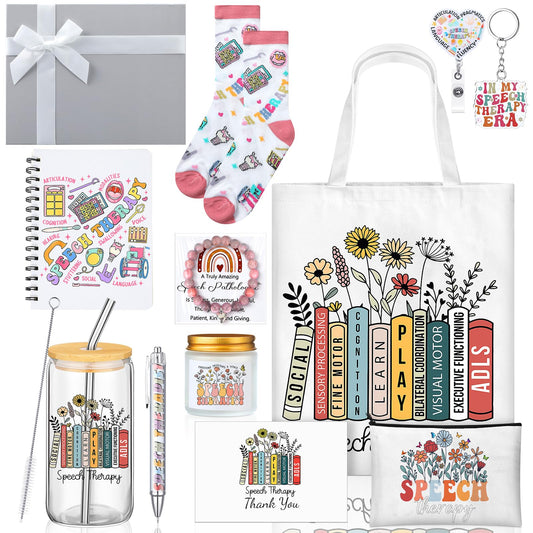 Remerry 12 Pcs Speech Language Pathologist Gifts for Women SLP Appreciation Gifts Set Includes Tote Bag Cosmetic Bag Glass Cup Candle Notebook Bracelet Badge Holder for Graduation Teacher Coworker