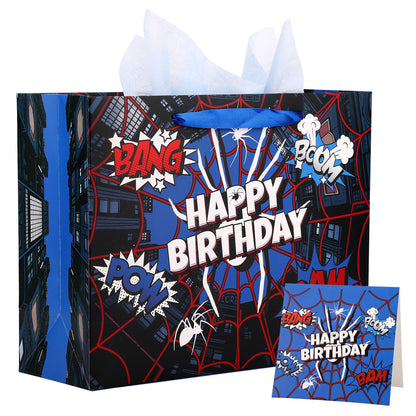 Spider Theme Party Gift Bag, Cartoon Spider Web Birthday Bag with Card & Wrapping Paper for Men Kids Birthday Party Celebration Supplies