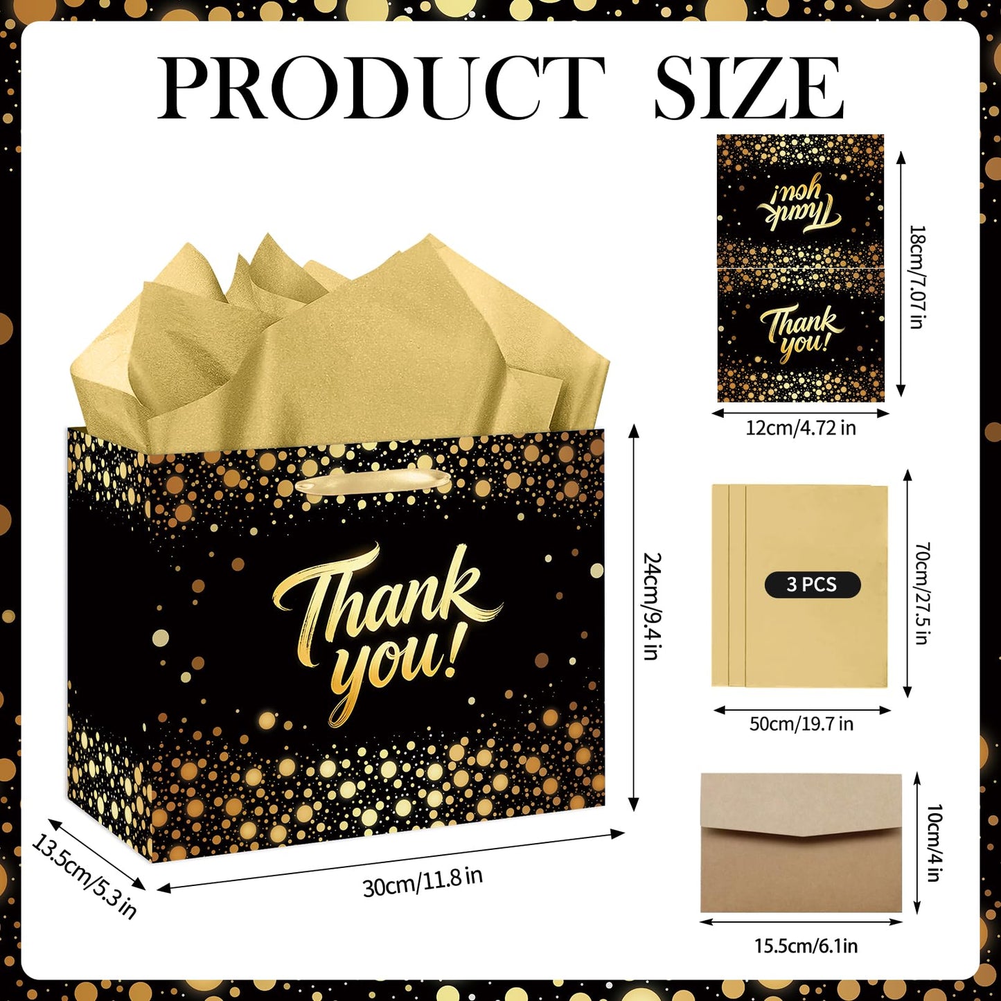 YXYASR Elegant Black Gold Thank You Gift Bag with Handles - Large Gift Bag Set Includes 3 Sheets of Gold Tissue Paper and Matching Greeting Card with Envelope - for Weddings, Graduations