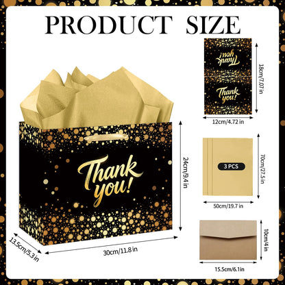 YXYASR Elegant Black Gold Thank You Gift Bag with Handles - Large Gift Bag Set Includes 3 Sheets of Gold Tissue Paper and Matching Greeting Card with Envelope - for Weddings, Graduations