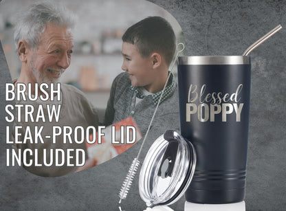 Onebttl Poppy Gifts, Grandpa Gifts from Grandchildren, Father's Day Gifts for Poppy, Laser Engraved Design, 20oz/590ml, Stainless Steel Tumbler with Straw & Lid, Black - Blessed Poppy