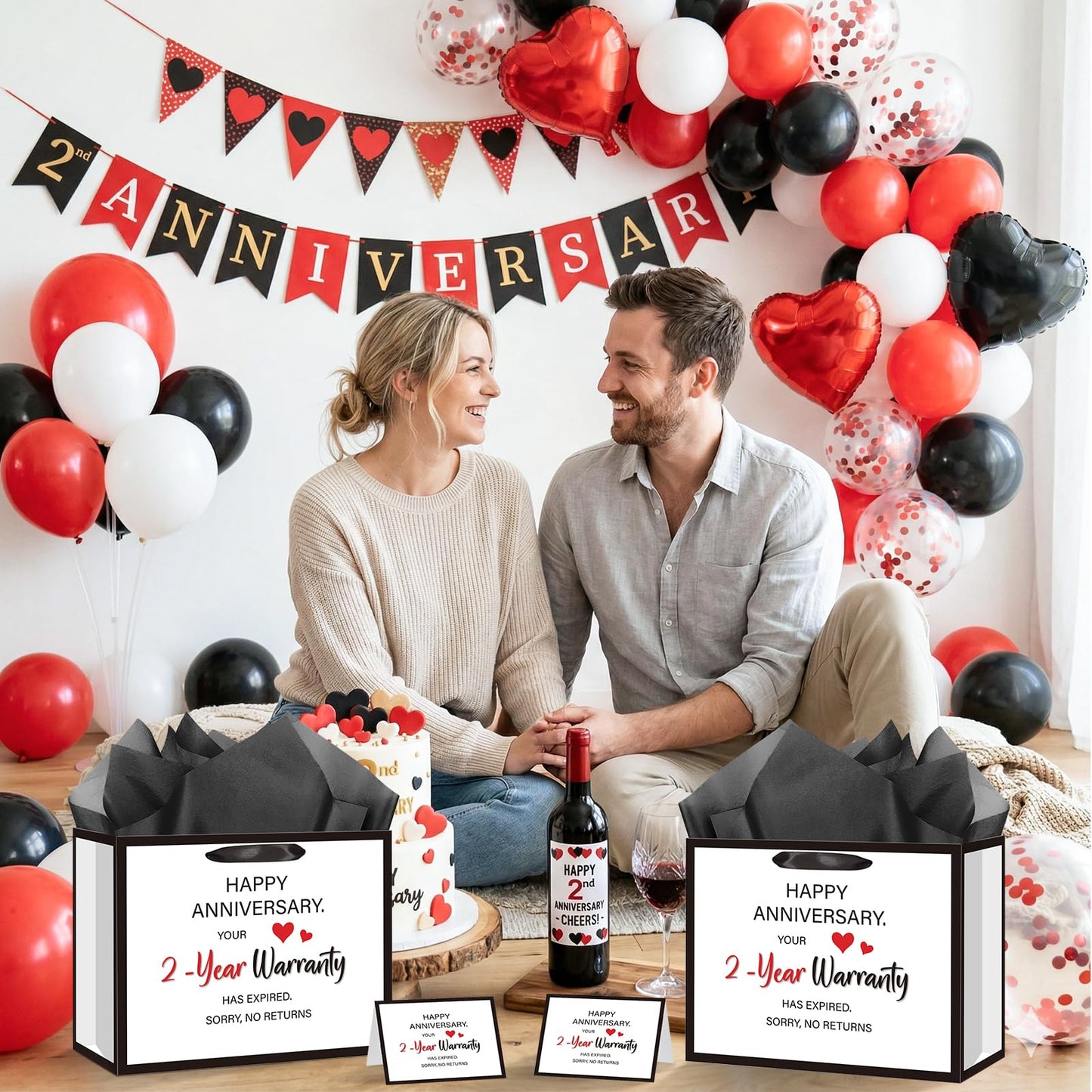 Anniversary 2 Year Gift Bag for Men Women Funny 2nd Anniversary Wedding Marriage Gift Bags with Wrapping Paper Card Second Anniversary Party Favors Decor Supplies Husband Wife Boyfriend Girlfriend