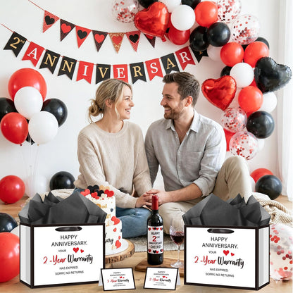 Anniversary 2 Year Gift Bag for Men Women Funny 2nd Anniversary Wedding Marriage Gift Bags with Wrapping Paper Card Second Anniversary Party Favors Decor Supplies Husband Wife Boyfriend Girlfriend