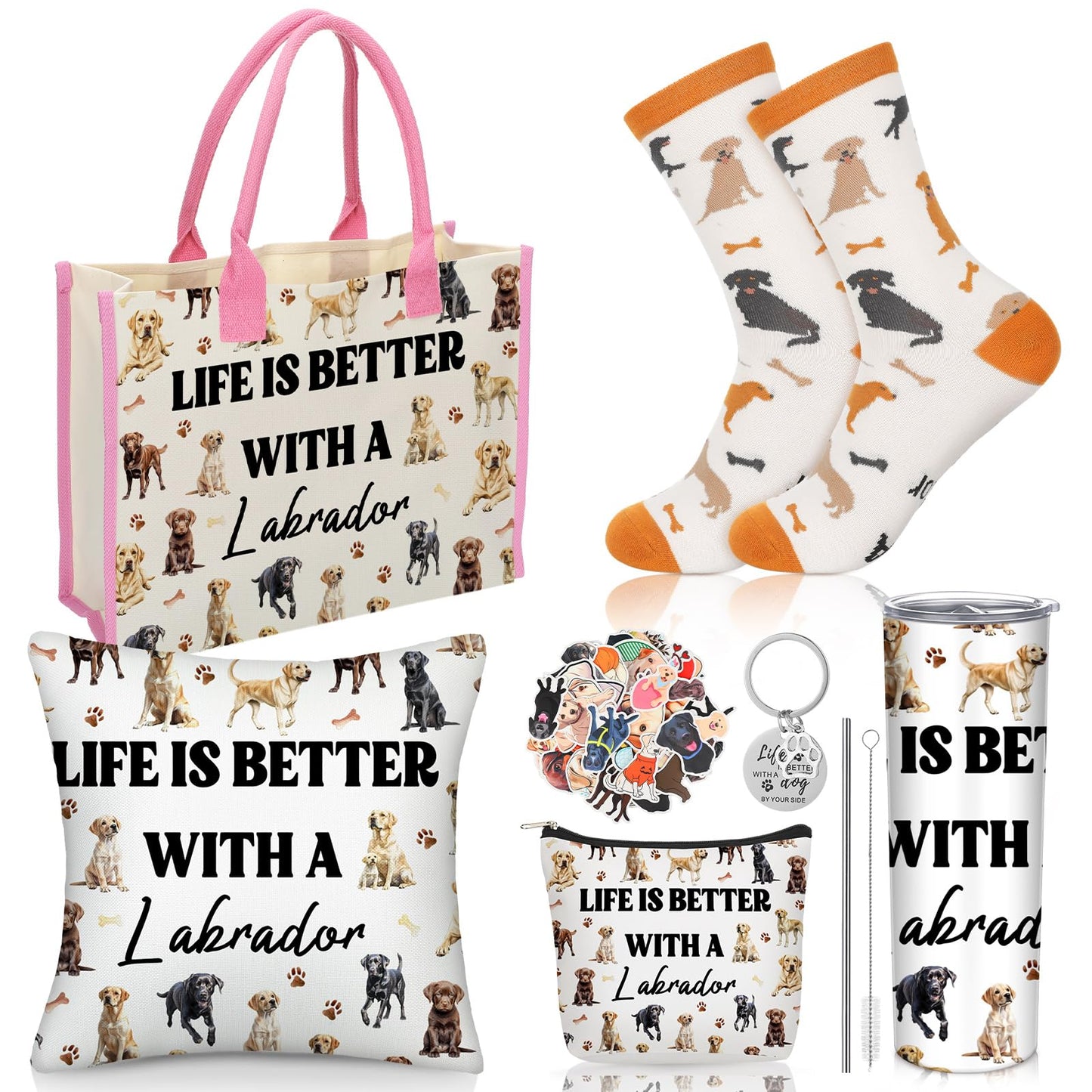Patelai 56 Pcs Labrador Retriever Gift Set for Dog Mom, Tote Bag 20oz Stainless Tumbler Cosmetic Bag Sock Pillow Cover Keychain 50 Sticker for Women Labrador Lover Gift Dog Mothers Day Party Favors