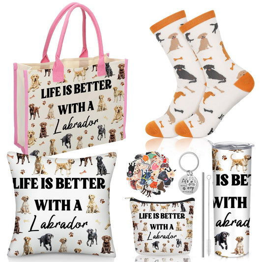 Patelai 56 Pcs Labrador Retriever Gift Set for Dog Mom, Tote Bag 20oz Stainless Tumbler Cosmetic Bag Sock Pillow Cover Keychain 50 Sticker for Women Labrador Lover Gift Dog Mothers Day Party Favors
