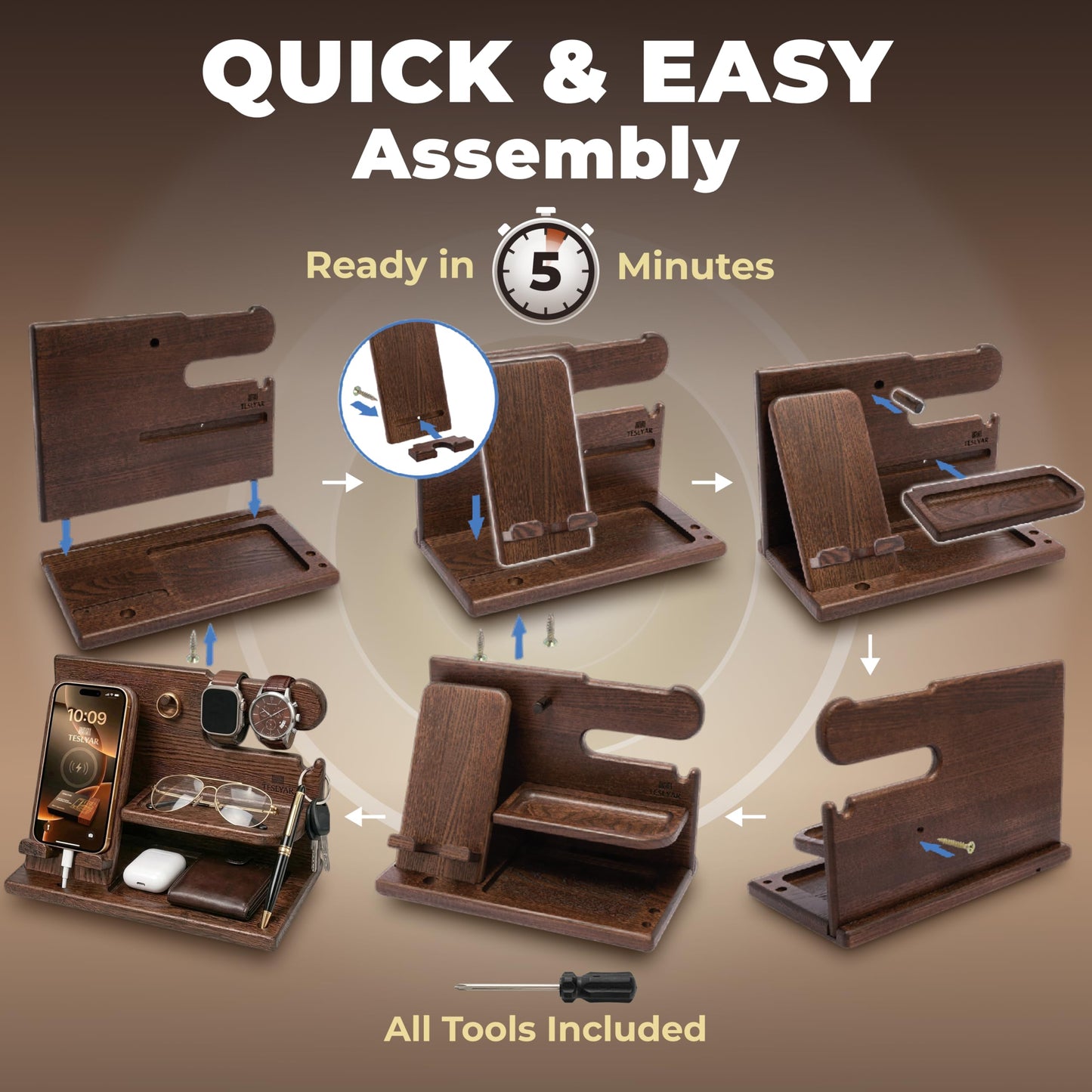 TESLYAR Wood Phone Docking Station for Men - Desk or Nightstand Organizer - Birthday Gifts for Husband, Dad - Anniversary Idea from Wife - Key Holder, Stand Wallet, Watch & Essentials (Bourbon Brown)