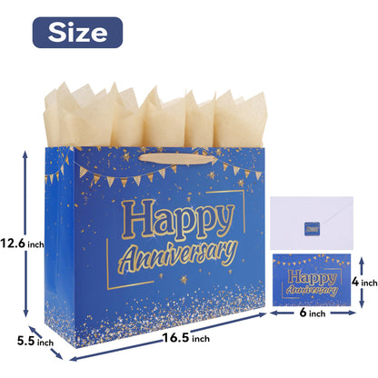 wishinside 16.5” Extra Large Anniversary Blue Gift Bag Set with Handles, Greeting Card, Tissue Papers and Stickers for Men Husband, for Anniversary Party, Wedding Party, 1 Pcs