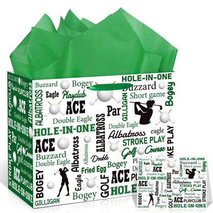 Golf Party Gift Bag Large Golf Themed Birthday Wrapping Bag with Tissue Paper Greeting Card Decorations for Kids Men Ball Team Sports Party Favors Baby Shower Goodie Gifts Treat Wrap Bags Supplies