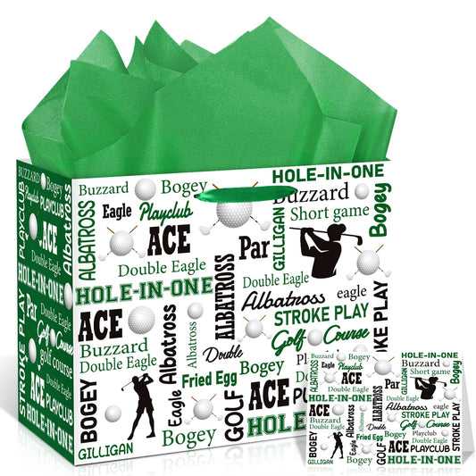 Golf Party Gift Bag Large Golf Themed Birthday Wrapping Bag with Tissue Paper Greeting Card Decorations for Kids Men Ball Team Sports Party Favors Baby Shower Goodie Gifts Treat Wrap Bags Supplies
