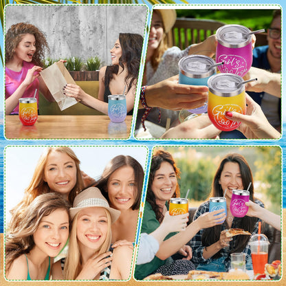4 Pack Girl's Trip Tumbler Set with Lids 12 Oz Stainless Steel Travel Wine Tumbler for Girls Women Friendship Travel Weekend Trip Vacation Bachelorette Party Camping Gifts