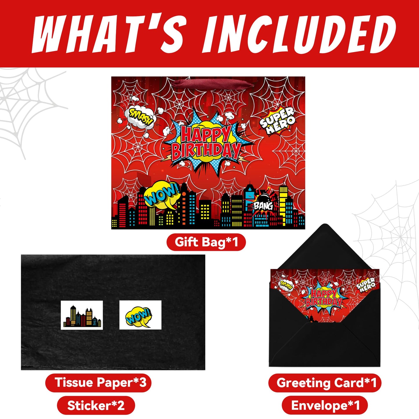 Caoekego 13" Large Spider Gift Bag (includes cards, colored paper, and stickers), Superhero Tote Gift Bag, Cartoon Spider Birthday Party Supplies