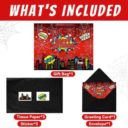 Caoekego 13" Large Spider Gift Bag (includes cards, colored paper, and stickers), Superhero Tote Gift Bag, Cartoon Spider Birthday Party Supplies