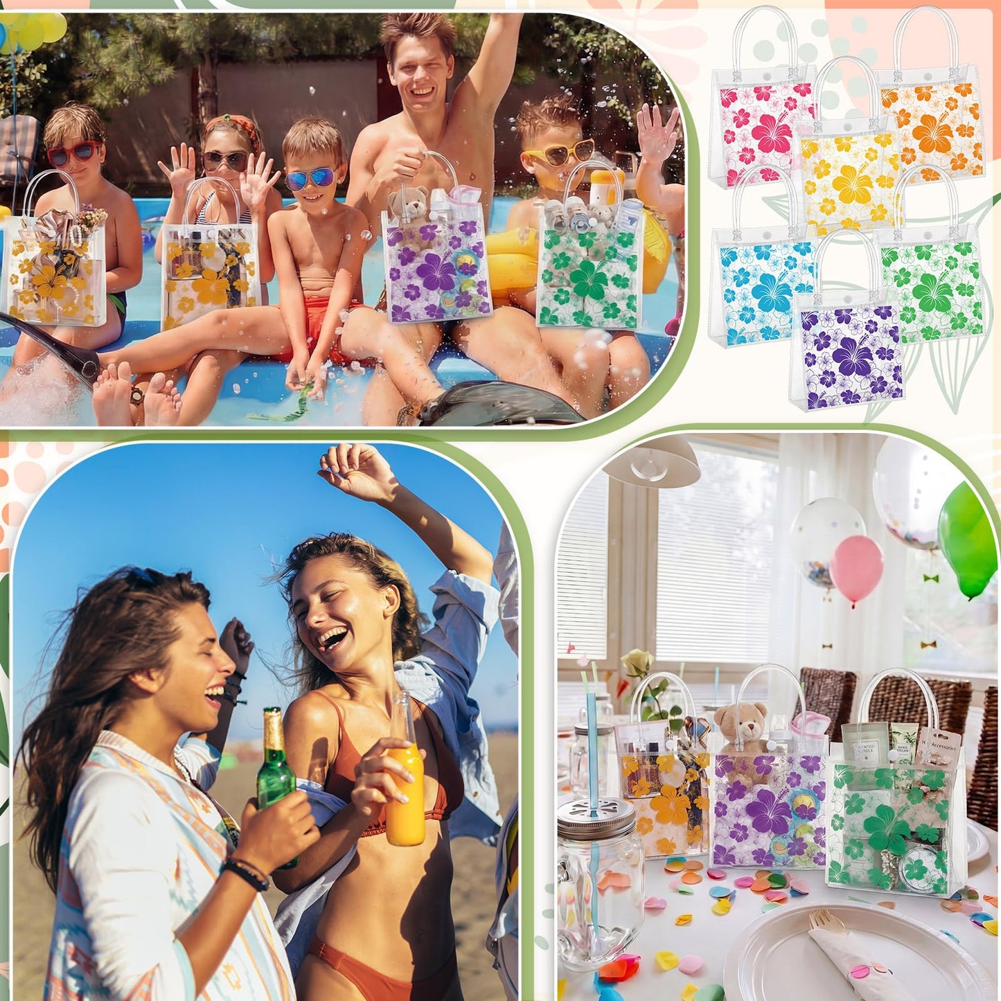 SilTriangle 36 Pcs Hawaiian Clear Gift Bags Luau Party Favors with Handles Bag 6.3 x 5.91 x 2.76 Inches Hibiscus PVC Goodie Bag Aloha Tropical Tiki Beach Gift Bags for Summer Birthday Party Supplies