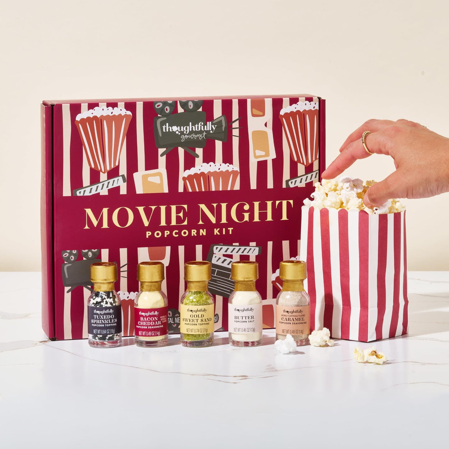 Thoughtfully Gourmet, Movie Night Popcorn Set, Includes Yellow and Mixed Popcorn Kernels, 10 Paper Bags, 5 Seasonings & Toppings