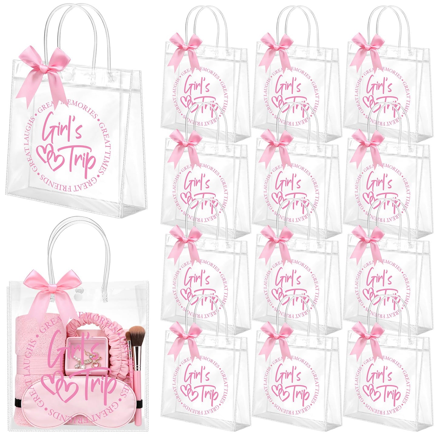 Vicenpal 12 Sets Clear Girls Trip Gift Bags with Handles 12 Pcs Pink Bows PVC Plastic Spa Party Treat Goodie Snack Bags for Birthday Slumber Bachelorette Weekend Party Favors, 7.9 x 7.9 x 3.1''