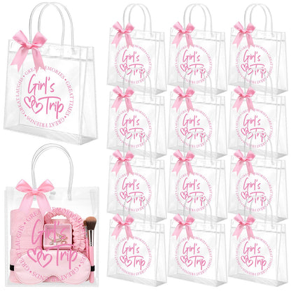 Vicenpal 12 Sets Clear Girls Trip Gift Bags with Handles 12 Pcs Pink Bows PVC Plastic Spa Party Treat Goodie Snack Bags for Birthday Slumber Bachelorette Weekend Party Favors, 7.9 x 7.9 x 3.1''