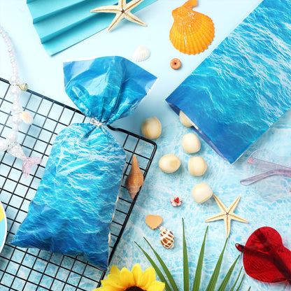 Pajean 100 Pieces Ocean Waves Cellophane Treat Bags Under the Sea Blue Ocean Party Goodie Candy Bag with 100 Twist Ties for Beach Pool Birthday Summer Mermaid Party Decoration Baby Shower Supplies