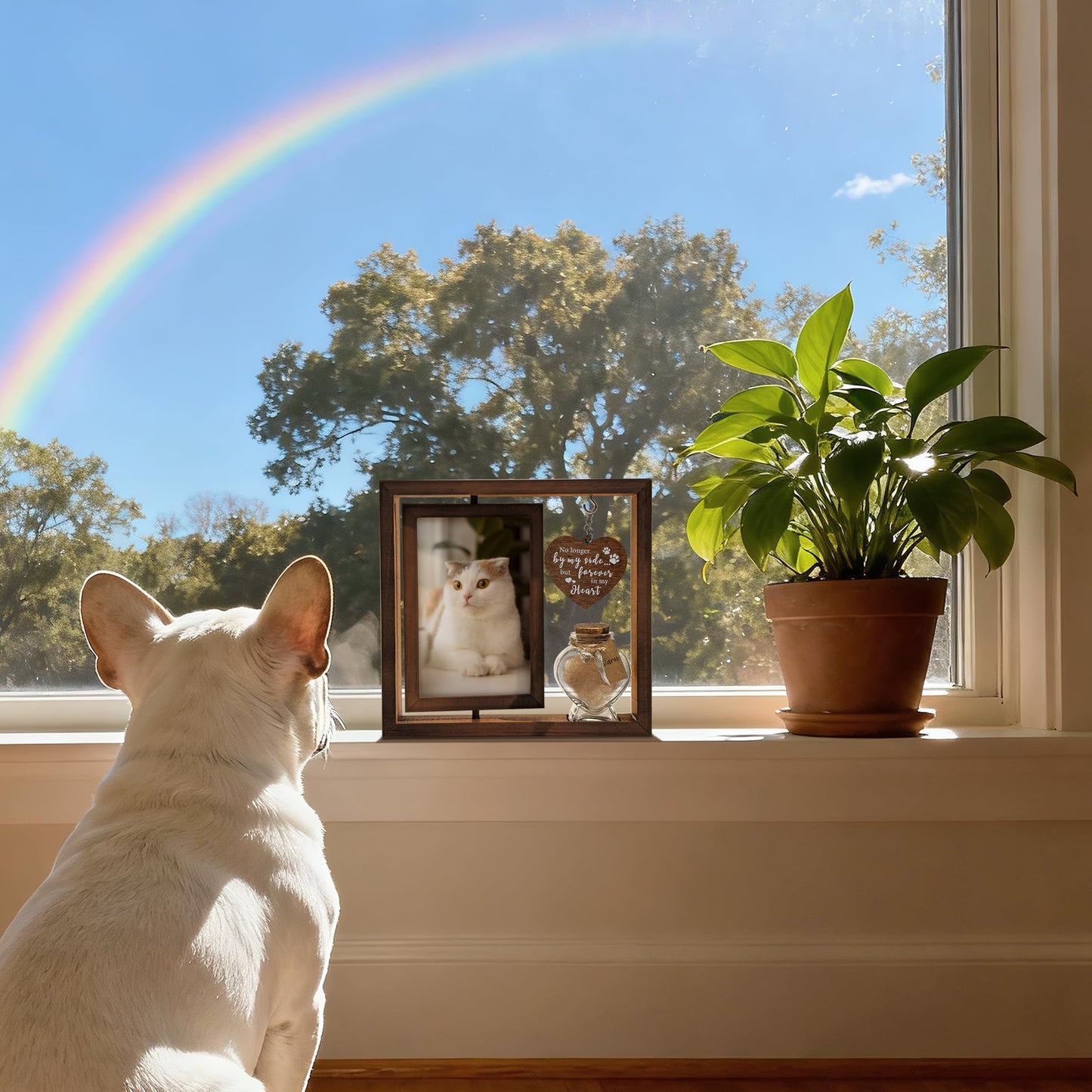 Cat Memorial Gifts for Loss of Cat - Rotating Wooden Frame for 4x6 Photo & Fur Hair Jar - Sympathy Gift for Pet Bereavement, Remembrance Keepsake - Rainbow Bridge Gift for Cat Lovers