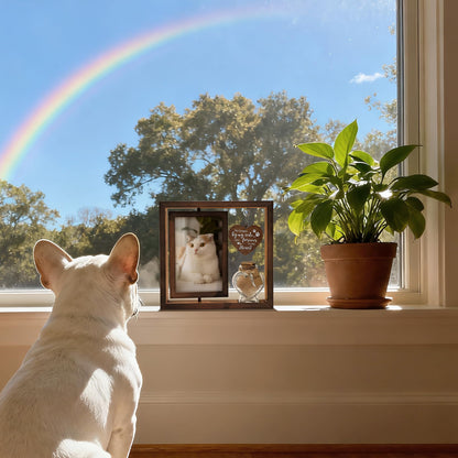 Cat Memorial Gifts for Loss of Cat - Rotating Wooden Frame for 4x6 Photo & Fur Hair Jar - Sympathy Gift for Pet Bereavement, Remembrance Keepsake - Rainbow Bridge Gift for Cat Lovers