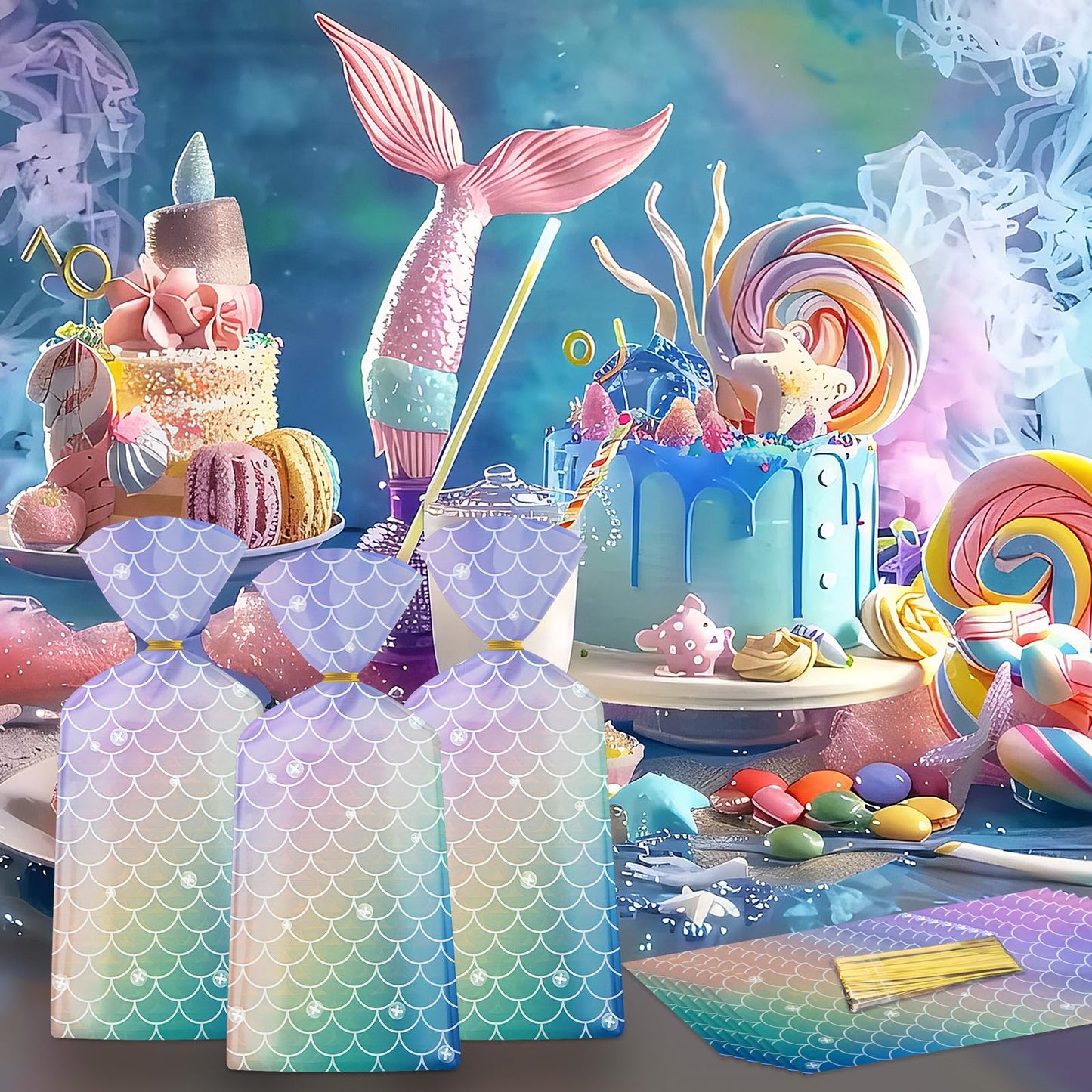 50 Pack Mermaid Goodie Bags - Ocean Mermaids Party Favor Bags, Little Mermaid Cello Cellophane Gift Candy Treat Bag with 50Pcs Twist Ties for Kids Girls Mermaids Themed Birthday Party Supplies Favors