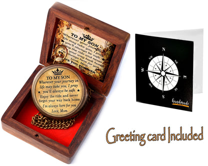 to My Son Compass with Wooden Box-Mom to Son Compass–Father to Son Gifts- to My Grandson -Graduation Day Gifts for Son-Birthday, Baptism, Graduation, Confirmation, Communion Compass for Women Men