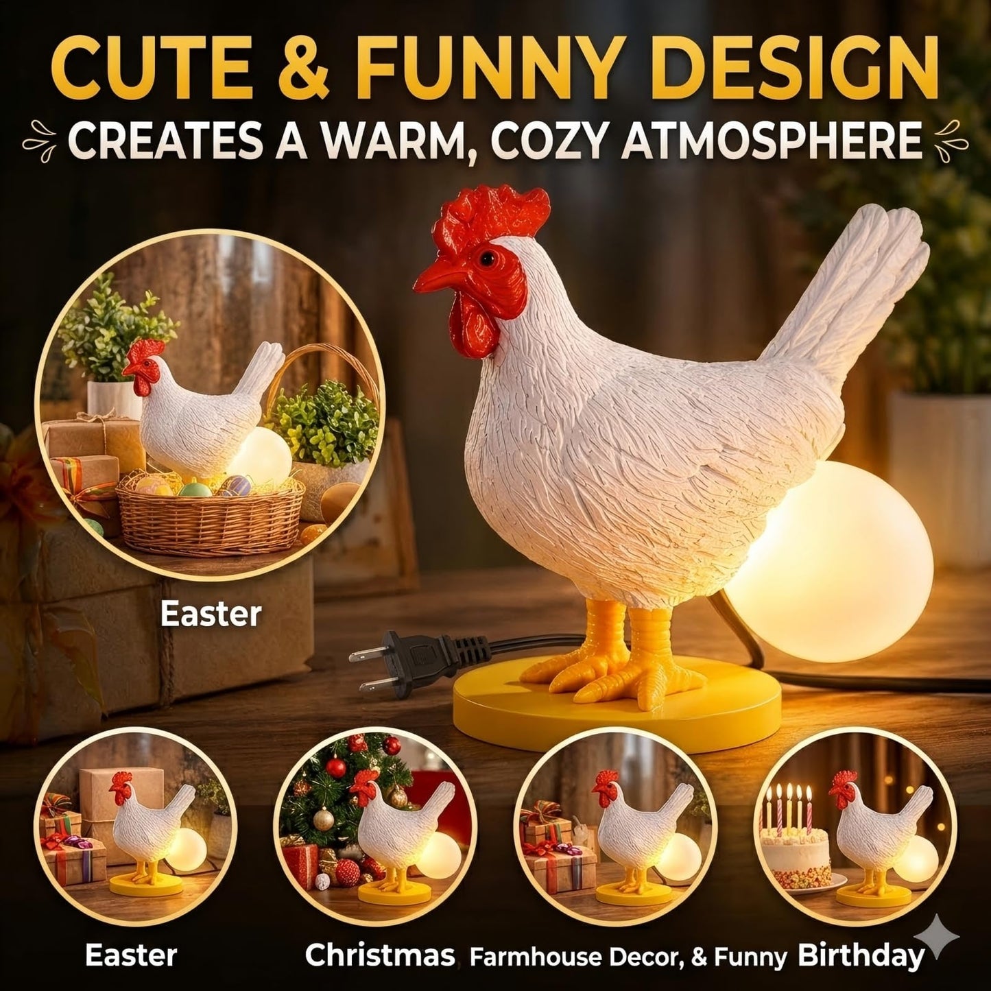 Funny Chicken Night Light Lamp – Rooster Laying Egg Light, Farmhouse Table Decor, Unique Gift for Chicken Lovers (Includes Bulb)