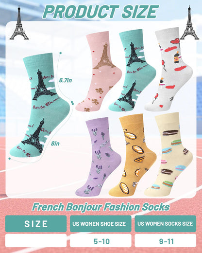 Liitrsh 6 Pairs Funny French Socks for Women Girls Novelty French Language Bonjour Socks Paris Travel Gift for Graduation Traveler France Lover