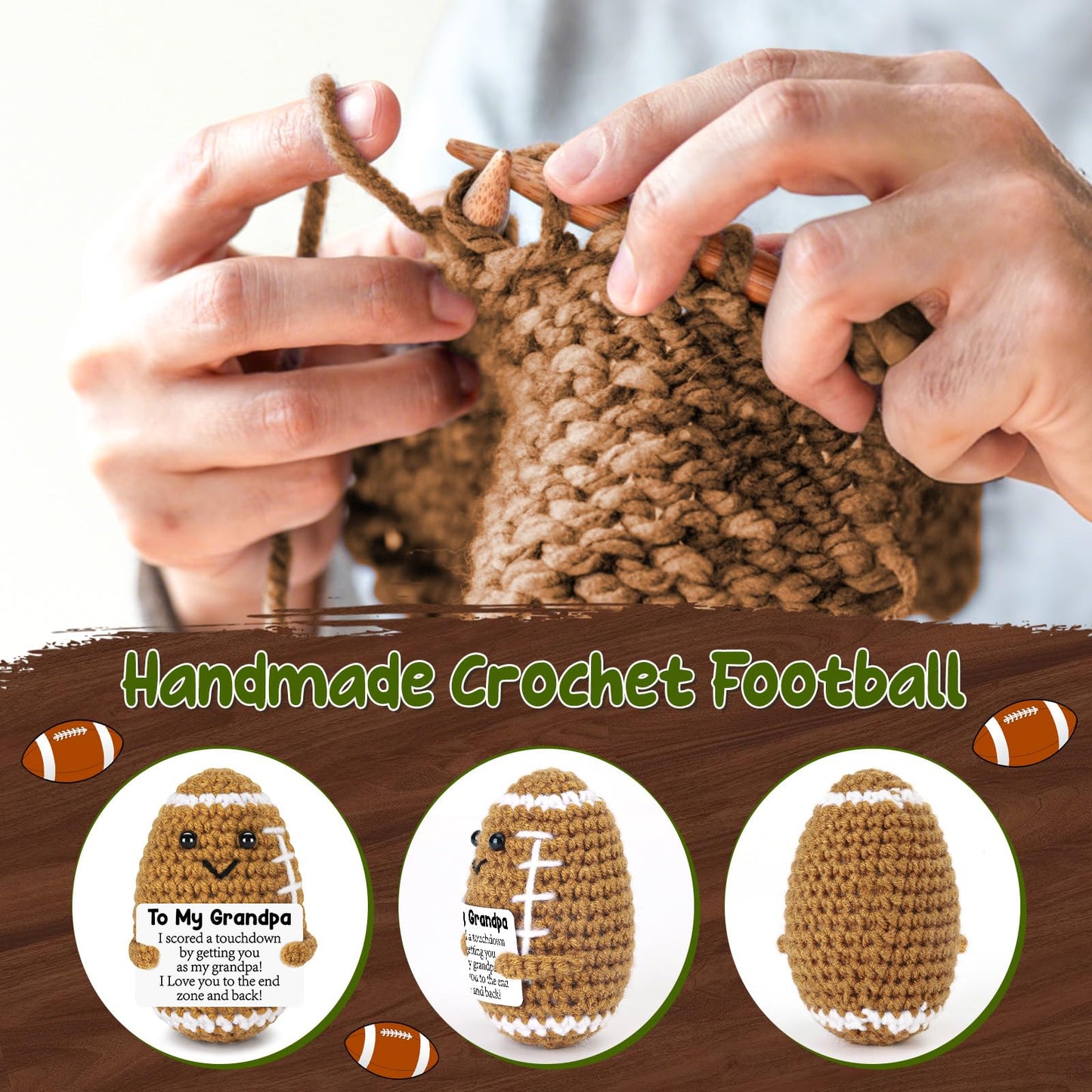 Mini Funny Grandpa Fathers Day Birthday Gifts from Grandkids, Handmade Crochet Football Grandpa Gifts from Granddaughter Grandson Cute Decor, Great Grandfather Grandparents Present for Father's Day