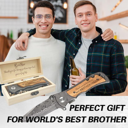 Gifts for Brother Birthday Gifts Adult, Engraved Pocket Knife Gift Set, Brother Gift from Sister for Christmas Birthday Fathers Day, Personalized Brother Keepsake-Wooden Folding Knife with Wood Box