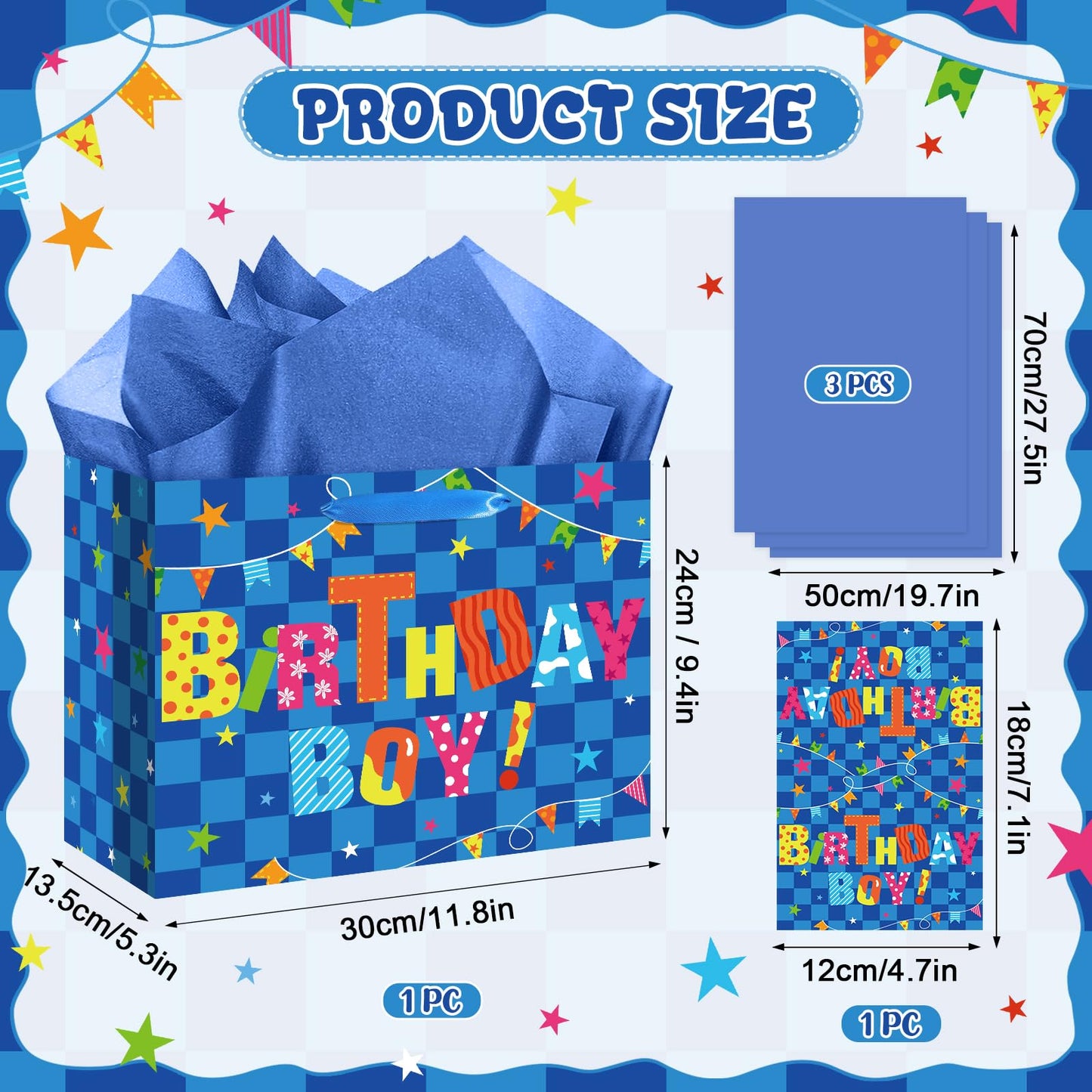 Innovoscape Blue Birthday Gift Bag for Boys Birthday Favor Bag with Tissue Paper and Card Colorful Happy Birthday Bag for Kids Boys Birthday Party Baby Shower