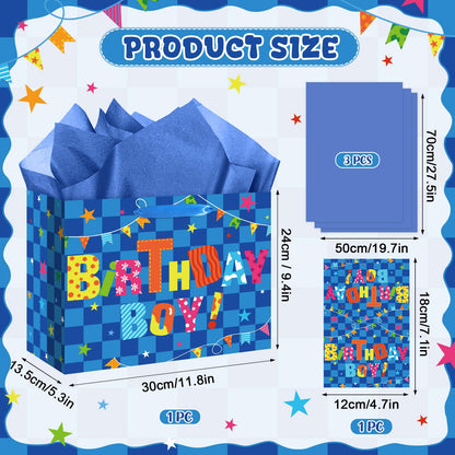 Innovoscape Blue Birthday Gift Bag for Boys Birthday Favor Bag with Tissue Paper and Card Colorful Happy Birthday Bag for Kids Boys Birthday Party Baby Shower