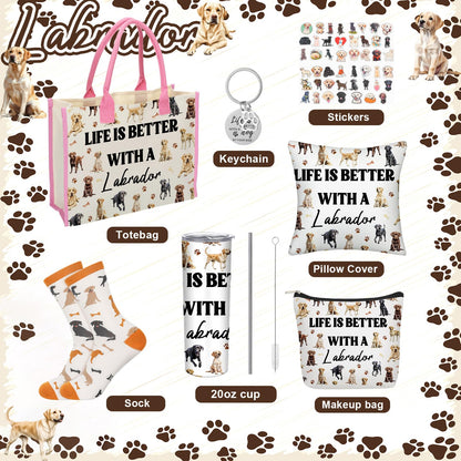 Patelai 56 Pcs Labrador Retriever Gift Set for Dog Mom, Tote Bag 20oz Stainless Tumbler Cosmetic Bag Sock Pillow Cover Keychain 50 Sticker for Women Labrador Lover Gift Dog Mothers Day Party Favors