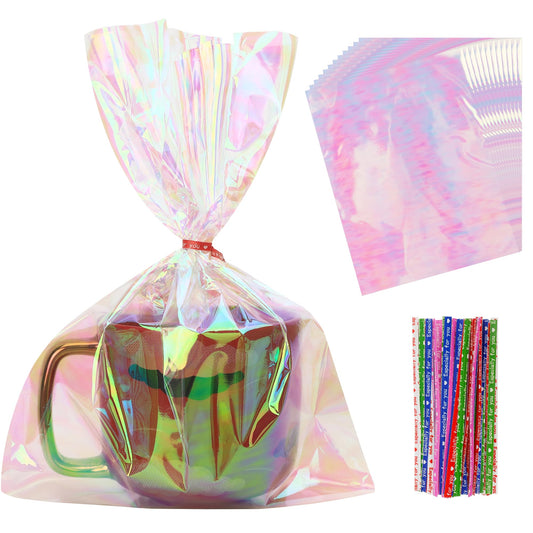50 PCS Holographic Bags(8x11 Inch) with Colorful Ties, Clear PLastic Iridescent Cellophane Goodie Gift Treat Candy Goody Cookie Bags for Holiday Birthday Valentines Party Favors Supplies Decorations
