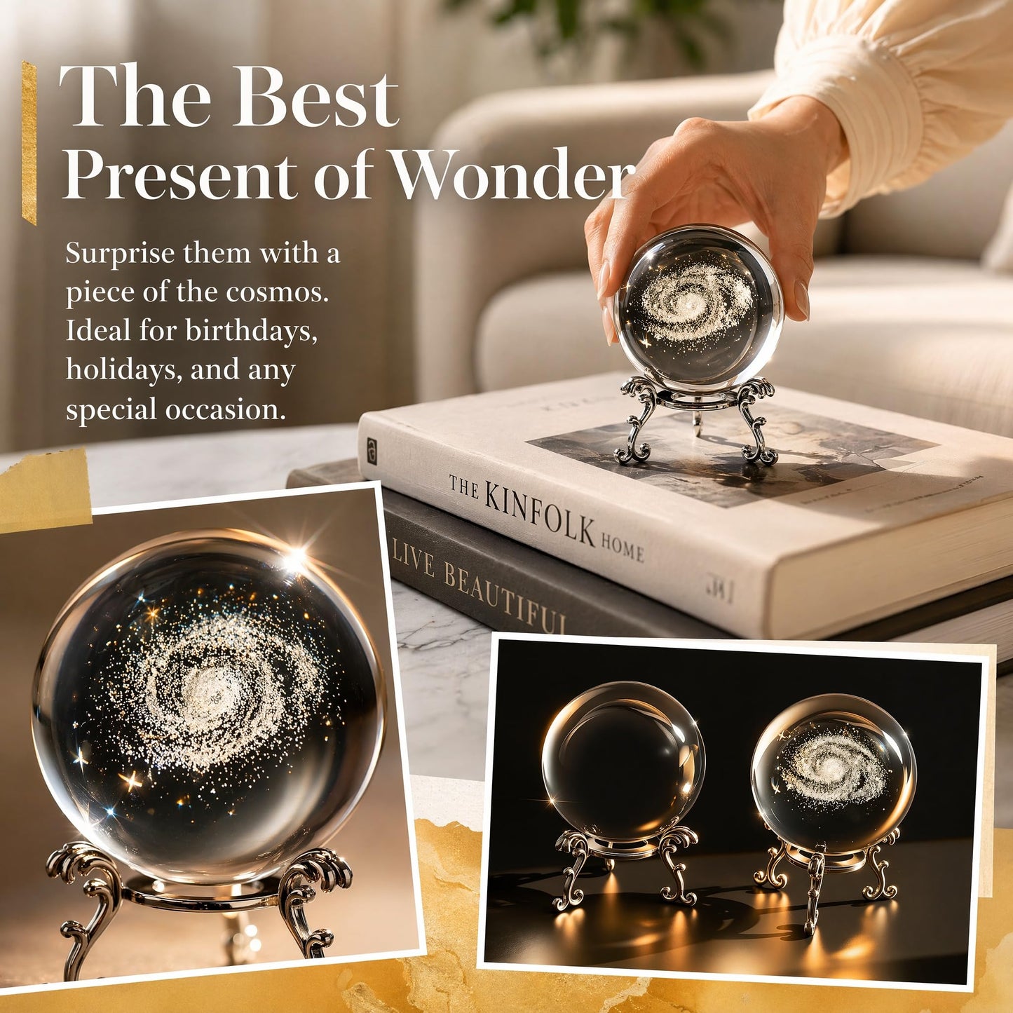 2-Piece 3D Laser Engraved Galaxy Crystal Balls with Silver Stand, and Clear Glass Sphere Paper Weights, Universe Nebula Decor for Home, Gift for Astronomy Lovers, Men, Women