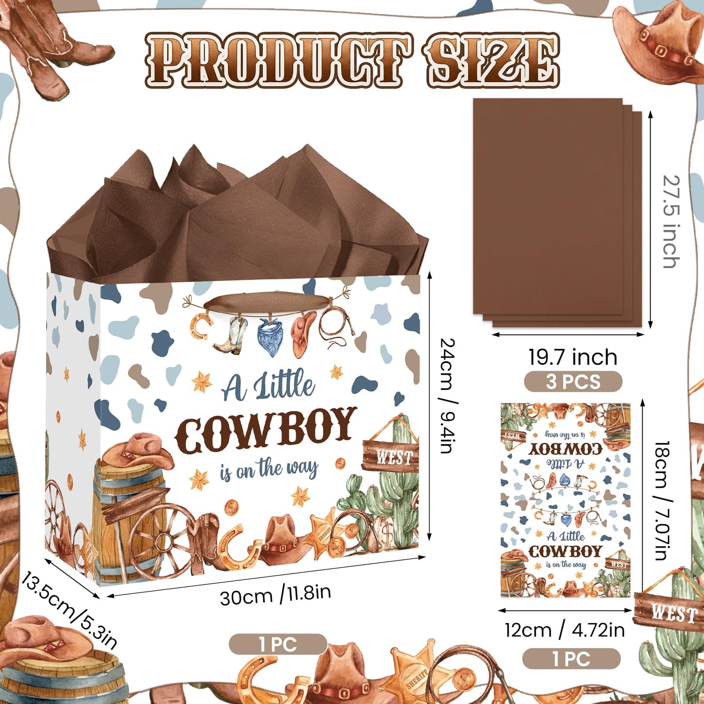 Frakron Cowboy Baby Shower Birthday Gift Bag for Baby Boys A Little Cowboy is On The Way Bag with Wrapping Paper Card Western Rodeo Gift Bag for Wild West Baby Shower Birthday Party Supplies