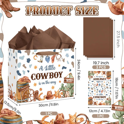 Frakron Cowboy Baby Shower Birthday Gift Bag for Baby Boys A Little Cowboy is On The Way Bag with Wrapping Paper Card Western Rodeo Gift Bag for Wild West Baby Shower Birthday Party Supplies