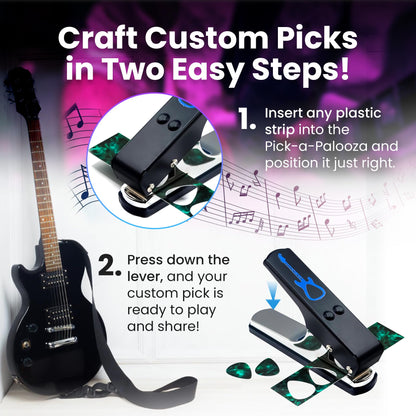 DIY Guitar Picks Punch Mega Pack - Custom Pick Maker for Musicians - Features Leather Key Chain Holder, Pick Strips with Artwork & File - Unique Gifts for Men & Women - Blue Punch