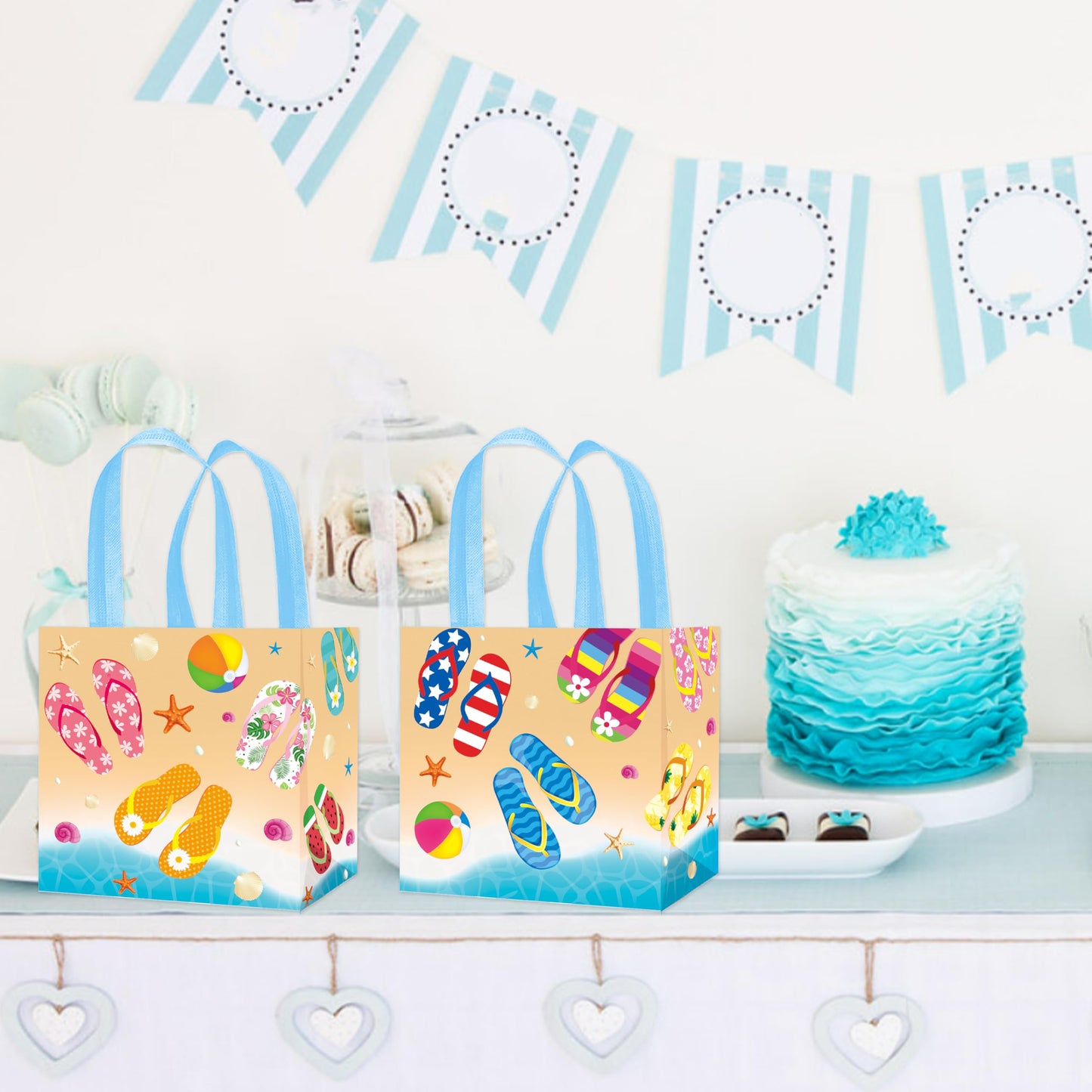 C L cooper life 12pcs Beach Flip-Flop Gift Treat Bags with Handles Summer Party Grocery Shopping Bags Flip-flop Beach Ball Theme Non-Woven Bag for Hello Summer Birthday Party Supplies