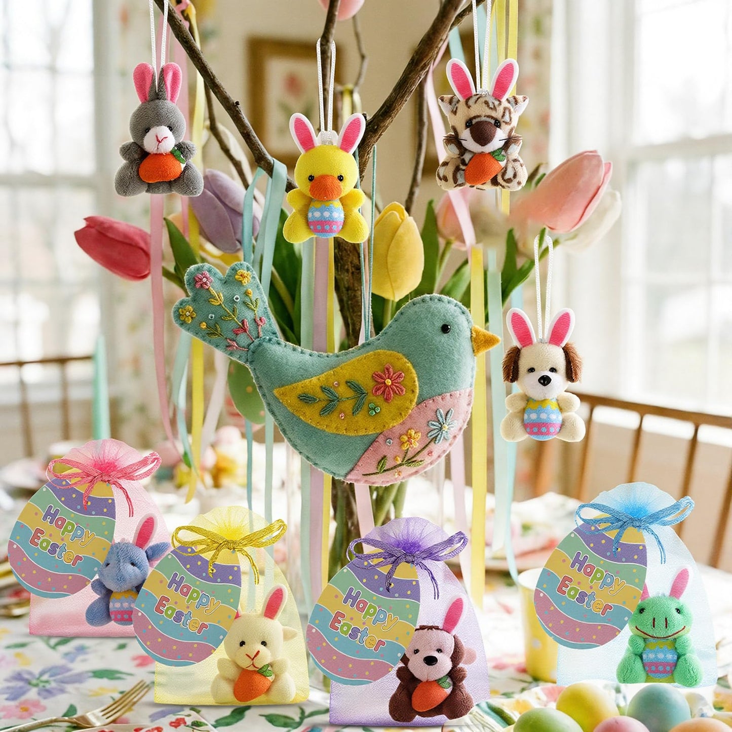 Wiwiqing 36 Pcs/12 Set Easter Mini Stuffed Animals Gift Set 12 Plush Animal Keychains 12 Cards 12 Bags for Easter Egg Hunt Fillers Basket Stuffers Classroom Exchange Gifts Party Favors