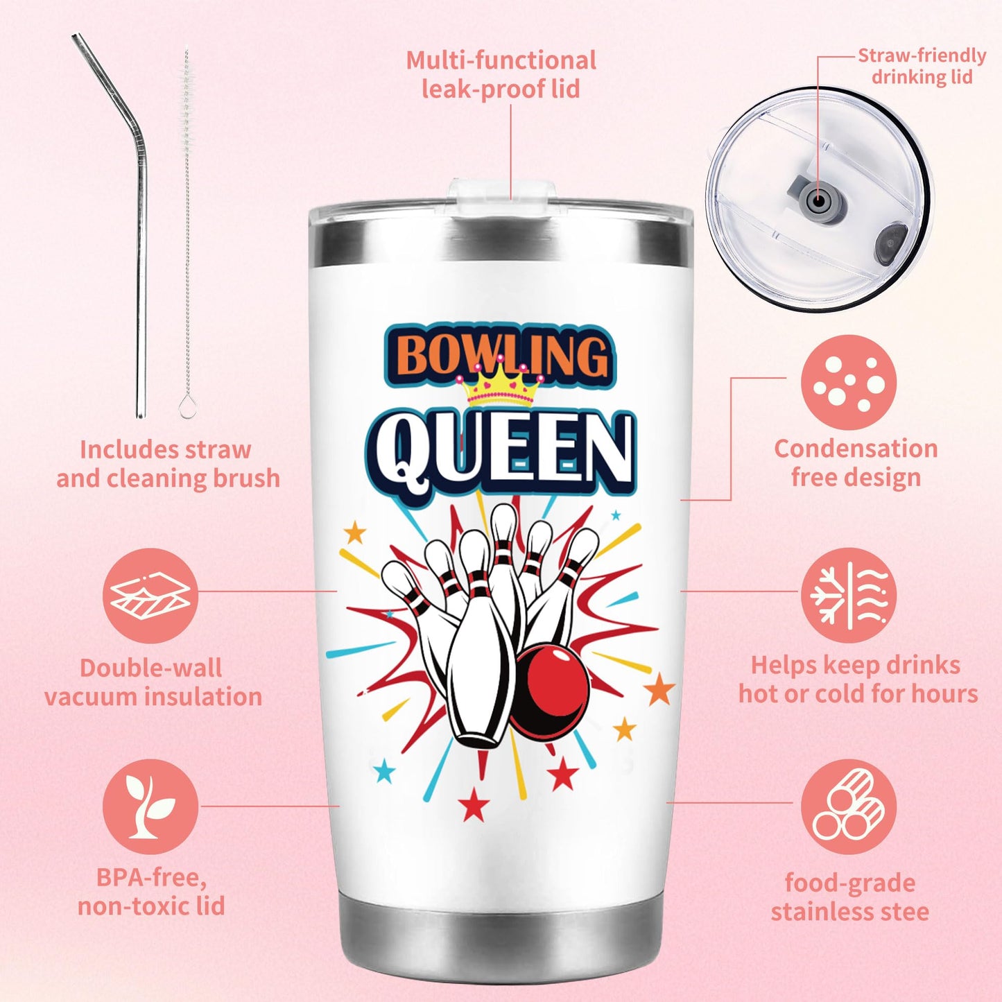 Bowling Gifts for Women Girls, Bowling Ball and Pins 20 oz Tumbler with Lid And Straw, Makeup Bag, Keychain, and Socks, Christmas Birthday Gifts for Bowlers Coach Sports Player