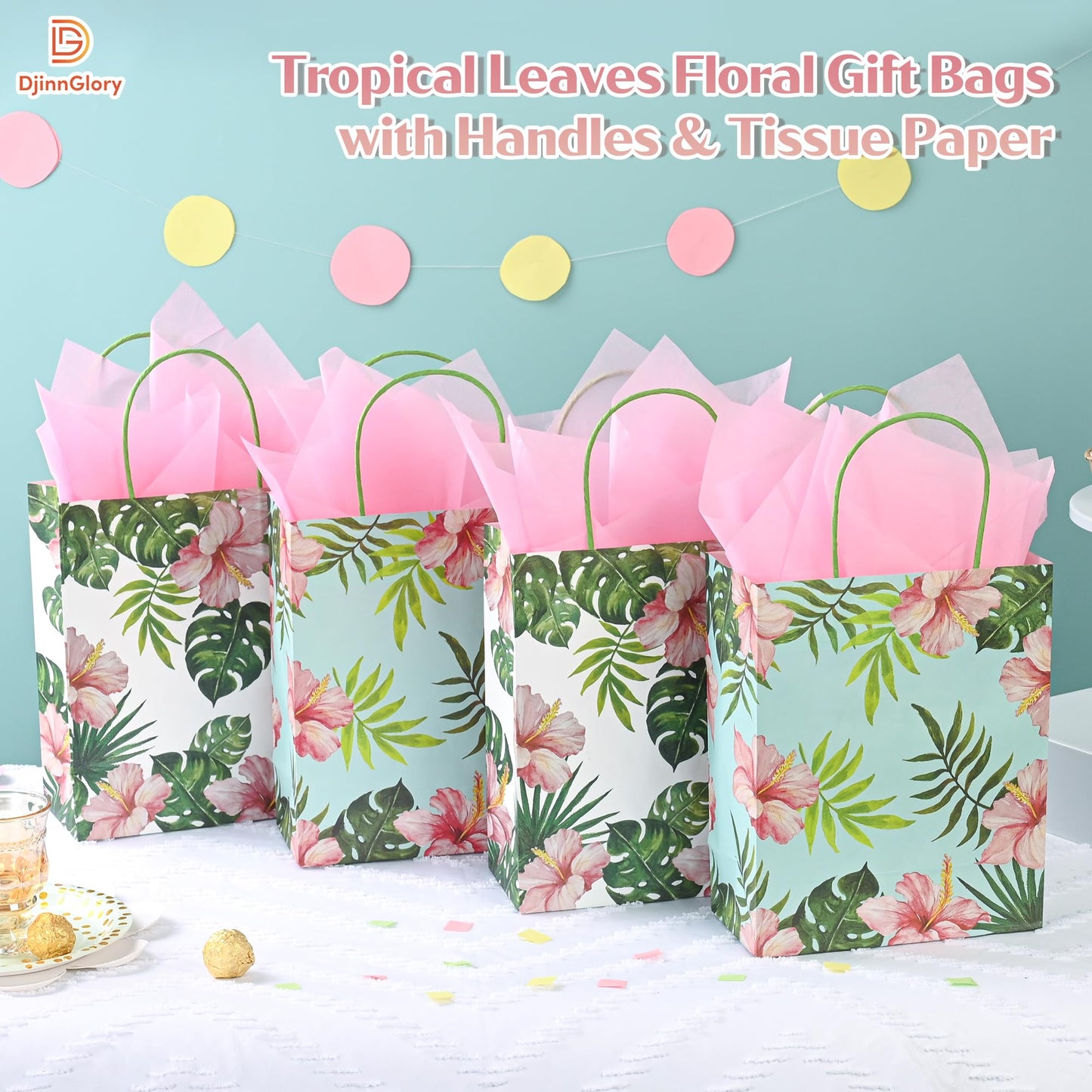 36 Pack Medium Hawaiian Tropical Themed Gift Bags with Handles and 36 Pink Tissue Paper for Luau Parties, Birthdays, Weddings, Bridal Showers, Boutiques (10x8x4 Inch, 2 Designs Assorted)